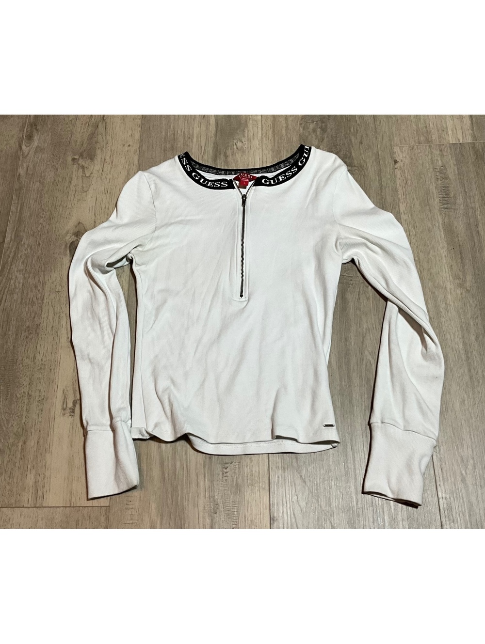 Guess White Long Sleeve Zip Front Top with Logo Collar, Size Large